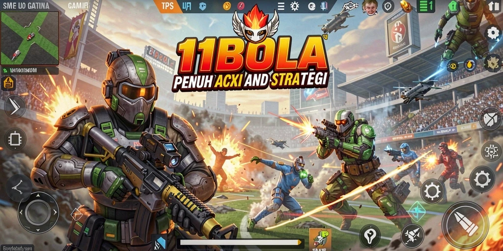 Tampilan gameplay seru dalam <strong>11BOLA</strong> dengan aksi tembak-menembak.