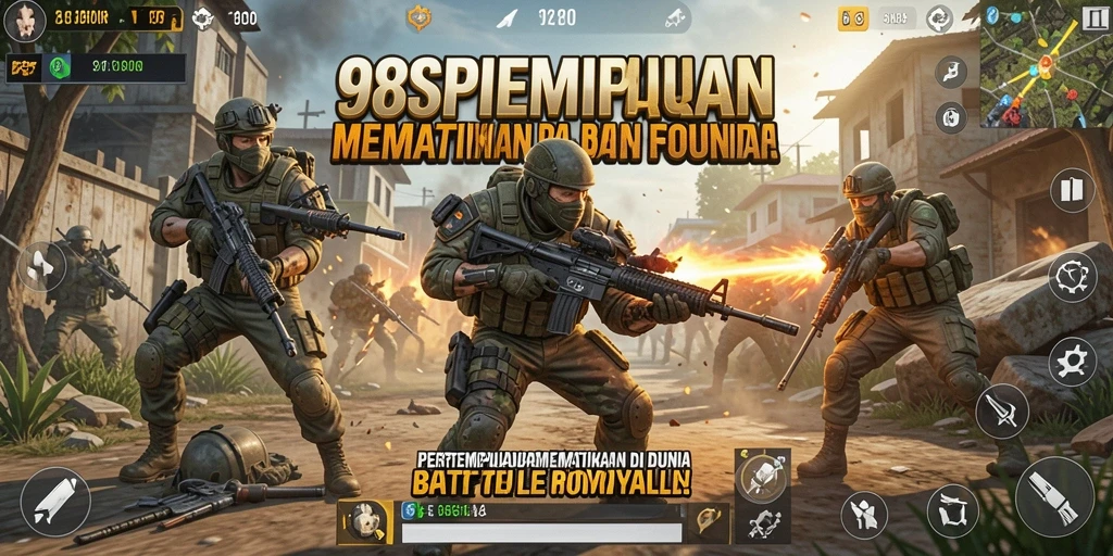 Screenshot utama 98SPIN menampilkan aksi pertempuran sengit di arena Battle Royale.