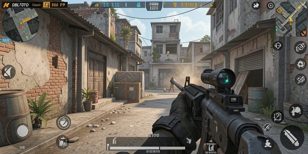 Tangkapan layar gameplay <strong>DBLTOTO</strong> yang menunjukkan aksi tembak-menembak seru.