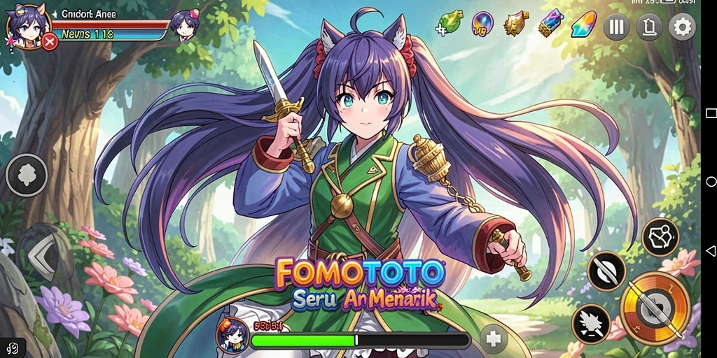 Screenshot utama FOMOTOTO dengan karakter Anime dalam aksi.
