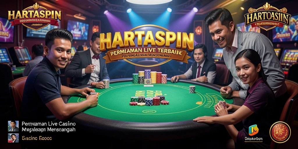 Tampilan gameplay HARTASPIN dengan dealer langsung dan suasana kasino yang nyata.