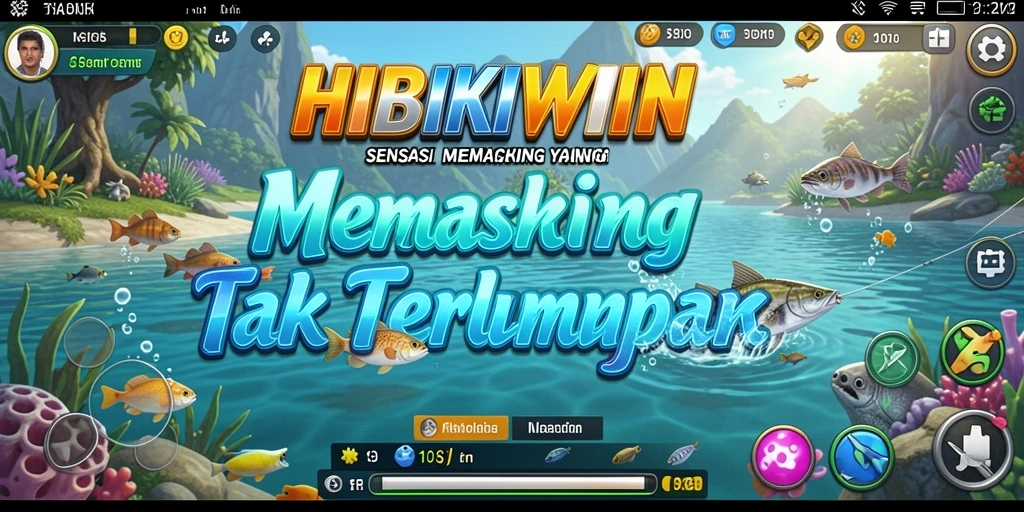 Screenshot menampilkan gameplay HIBIKIWIN yang mempesona saat memancing ikan.