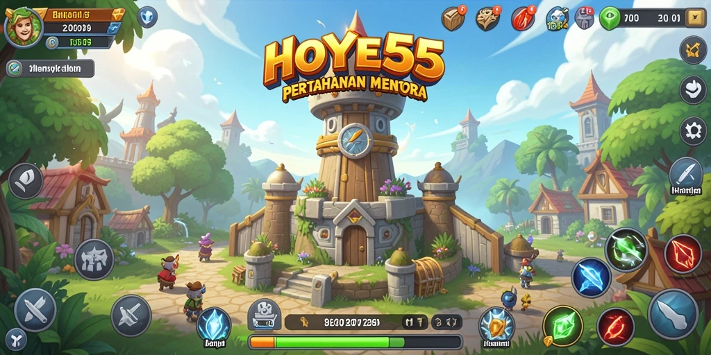 Screenshot menampilkan gameplay menara pertahanan yang intens.