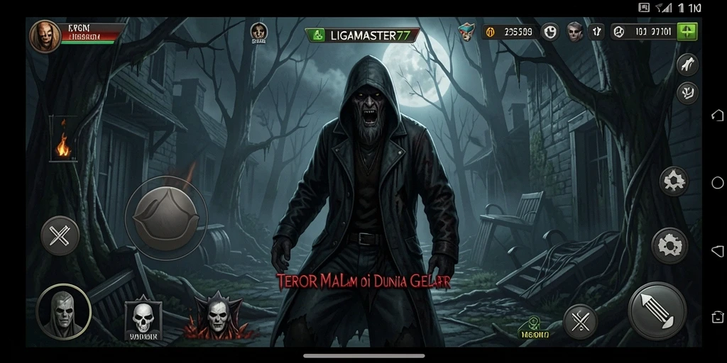 Screenshot gameplay dari LIGAMASTER77 menampilkan suasana Horror yang mencekam.