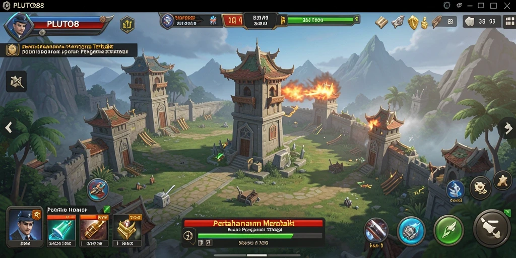 Screenshot gameplay PLUTO88 menampilkan pertarungan menegangkan di tower defense.