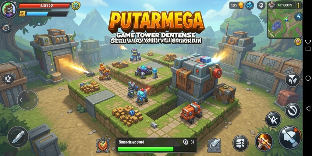 Gameplay mendebarkan dalam PUTARMEGA dengan berbagai menara dan strategi.