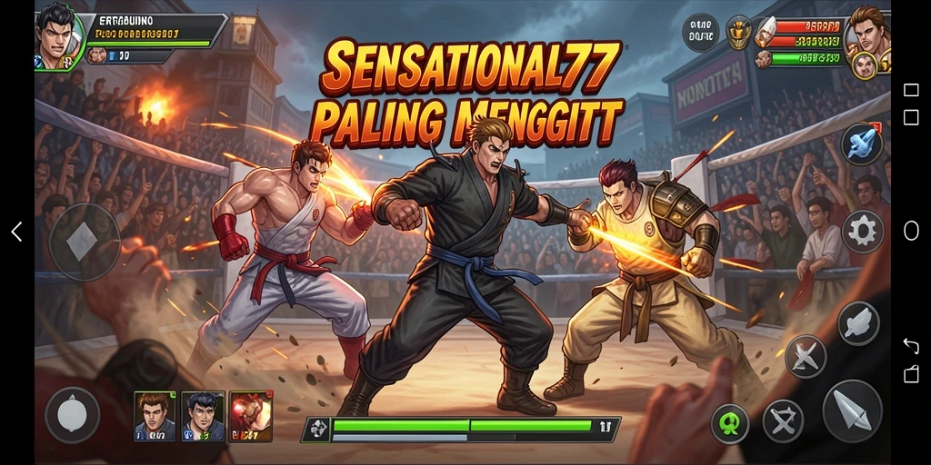 Tampilan gameplay aksi seru dengan karakter bertarung di arena.