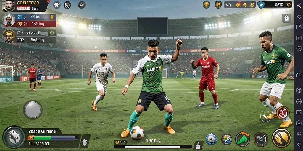 Screenshot gameplay SOBET88 menunjukkan atmosfer pertandingan sepak bola yang mendebarkan.