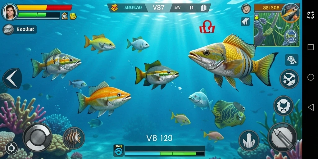 Screenshot gameplay V87 menampilkan aksi menembak ikan yang seru.